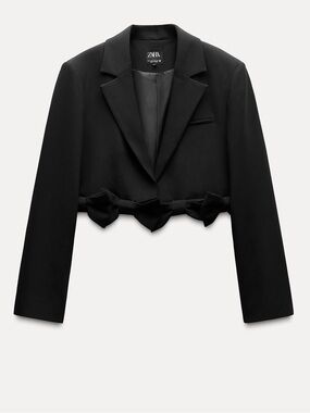NEW ZARA Black Cropped Blazer with Bow Trim